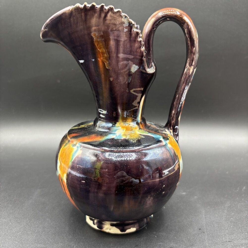 Vintage Oaxaca Mexico Dripware Pitcher Sawtooth Handpainted Glazed Pottery Jug